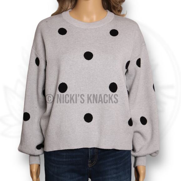 Premise Gray Black Polka Dot Puff Sleeve Stretch Knit Sweater Pullover Size XS - Picture 3 of 11